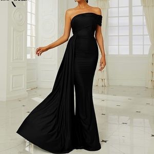 Black stretchy fabric off shoulder gown